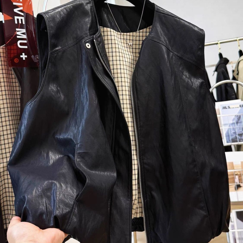 Ženski PU kožni prsluk bez rukava, okrugli izrez, retro stil, punilo od svile