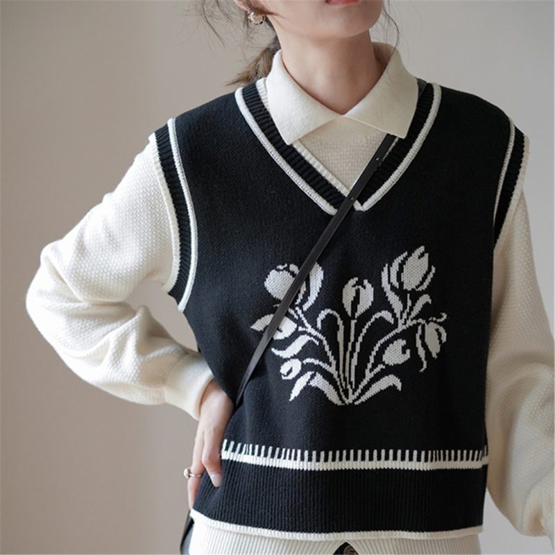 Retro vest s V izrezom za žene, ležeran kroj, floral jacquard uzorak, Arctic Velvet tkanina, 50–70% poliestera, ispod 30% akrila, jesen 2025