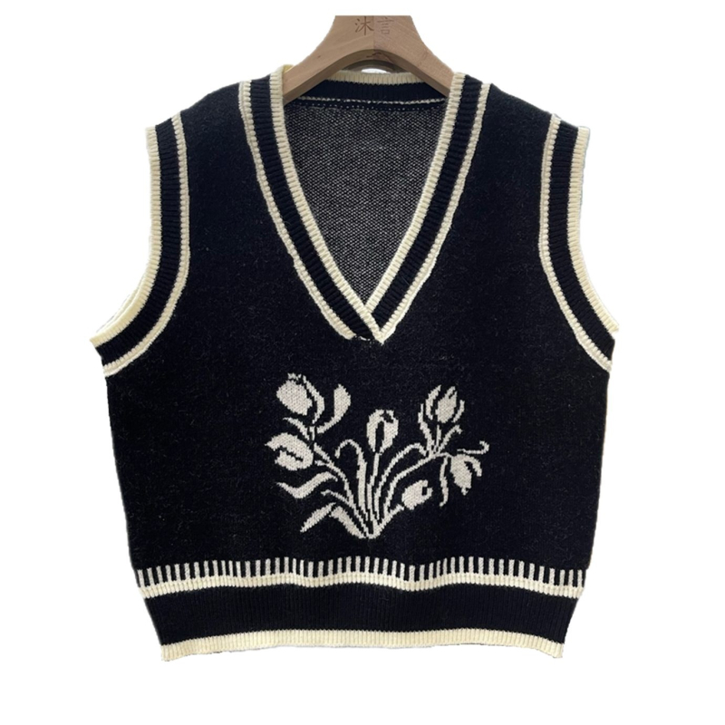 Retro vest s V izrezom za žene, ležeran kroj, floral jacquard uzorak, Arctic Velvet tkanina, 50–70% poliestera, ispod 30% akrila, jesen 2025