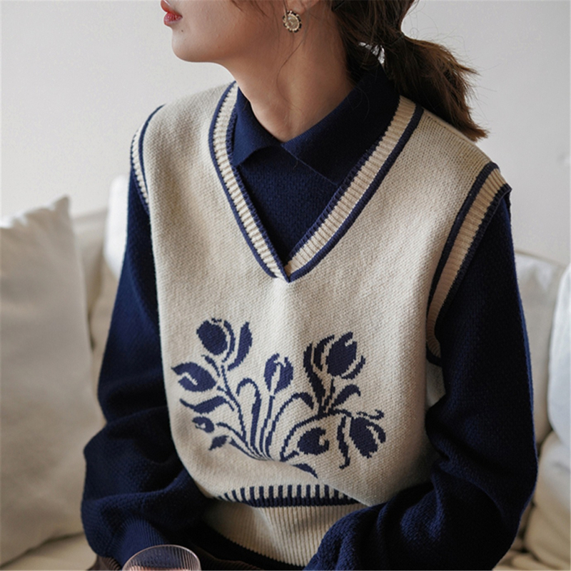 Retro vest s V izrezom za žene, ležeran kroj, floral jacquard uzorak, Arctic Velvet tkanina, 50–70% poliestera, ispod 30% akrila, jesen 2025