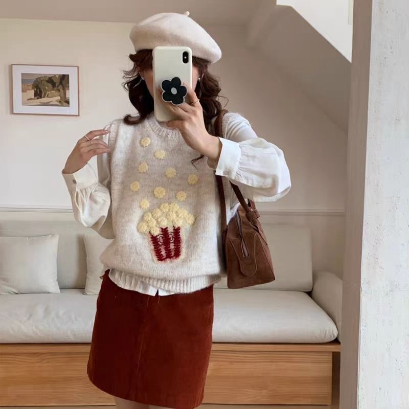 Popcorn pletena vest za žene, bez rukava, okrugli izrez, poliester tkanina