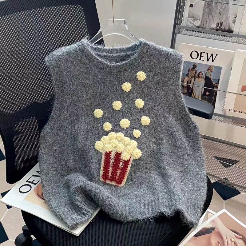 Popcorn pletena vest za žene, bez rukava, okrugli izrez, poliester tkanina