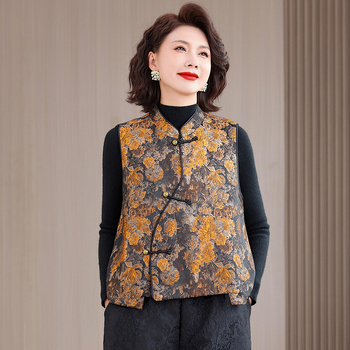 Vesta jacquard floral, quilted, cu guler în formă de V, umplutură din bumbac, închidere cu nasturi pe un rând