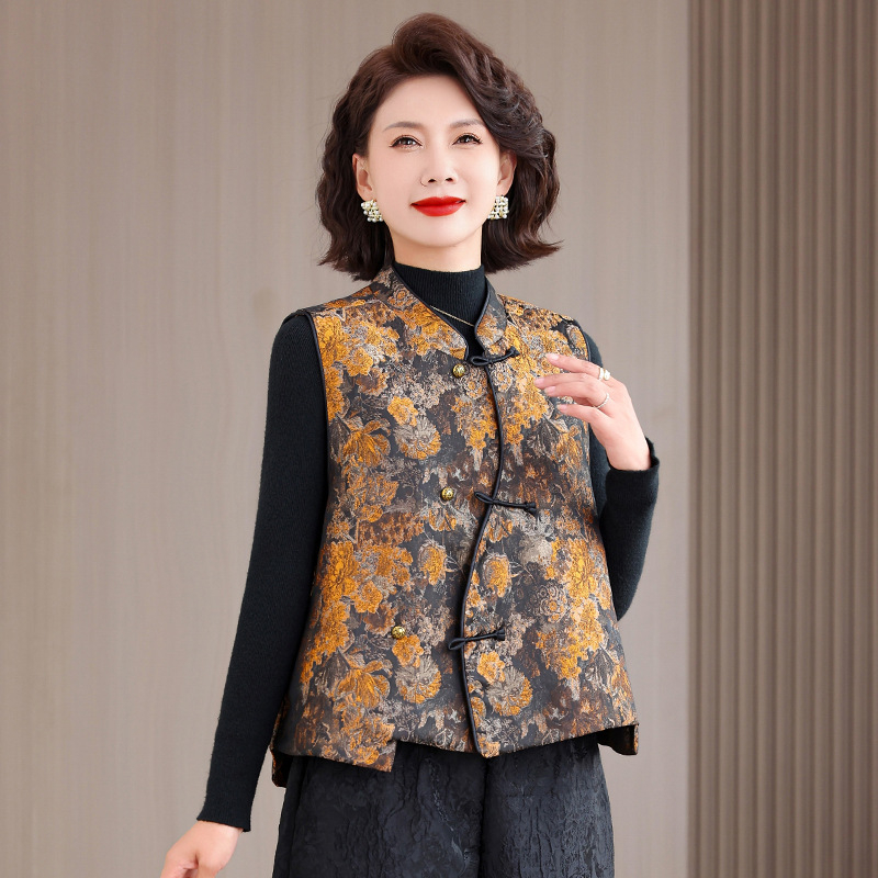 Vesta jacquard floral, quilted, cu guler în formă de V, umplutură din bumbac, închidere cu nasturi pe un rând