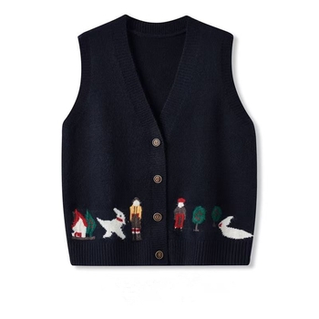 Ženski pleteni vest-kardigan s V-izrezom, jacquard uzorak, opušteni kroj, srednja duljina