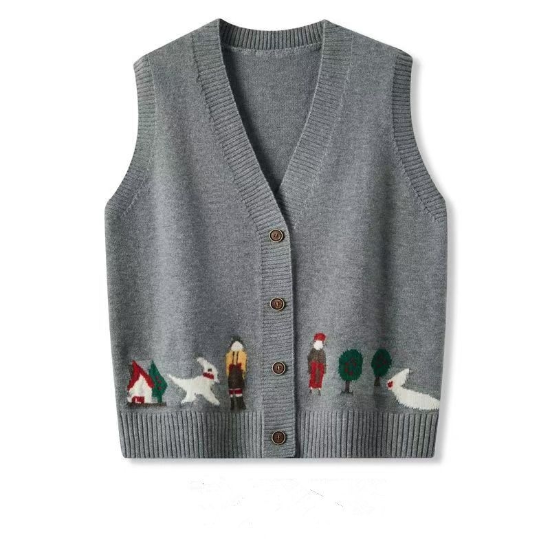 Ženski pleteni vest-kardigan s V-izrezom, jacquard uzorak, opušteni kroj, srednja duljina