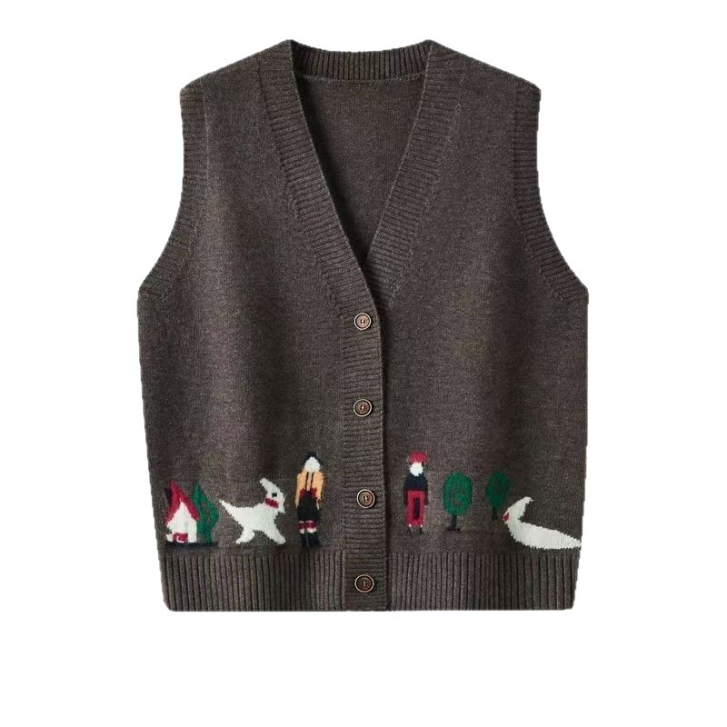 Ženski pleteni vest-kardigan s V-izrezom, jacquard uzorak, opušteni kroj, srednja duljina