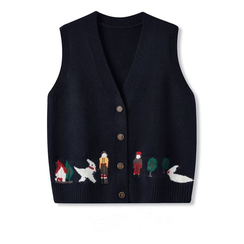 Ženski pleteni vest-kardigan s V-izrezom, jacquard uzorak, opušteni kroj, srednja duljina