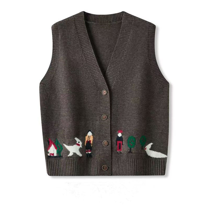 Ženski pleteni vest-kardigan s V-izrezom, jacquard uzorak, opušteni kroj, srednja duljina