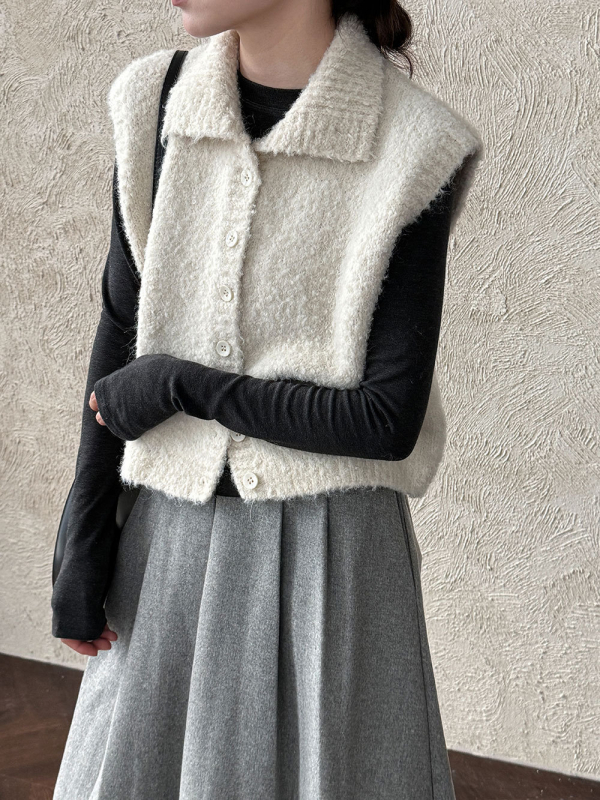 Ženska pletena vesta sa stojećim ovratnikom, opušteni japansko-korejski stil, duljina 50-65 cm, materijal akrilna vlakna 30-50%, poliester <30%