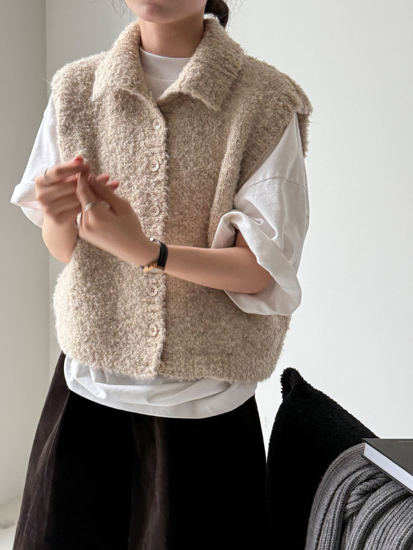 Ženska pletena vesta sa stojećim ovratnikom, opušteni japansko-korejski stil, duljina 50-65 cm, materijal akrilna vlakna 30-50%, poliester <30%