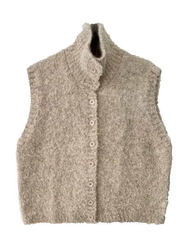 Ženska pletena vesta sa stojećim ovratnikom, opušteni japansko-korejski stil, duljina 50-65 cm, materijal akrilna vlakna 30-50%, poliester <30%
