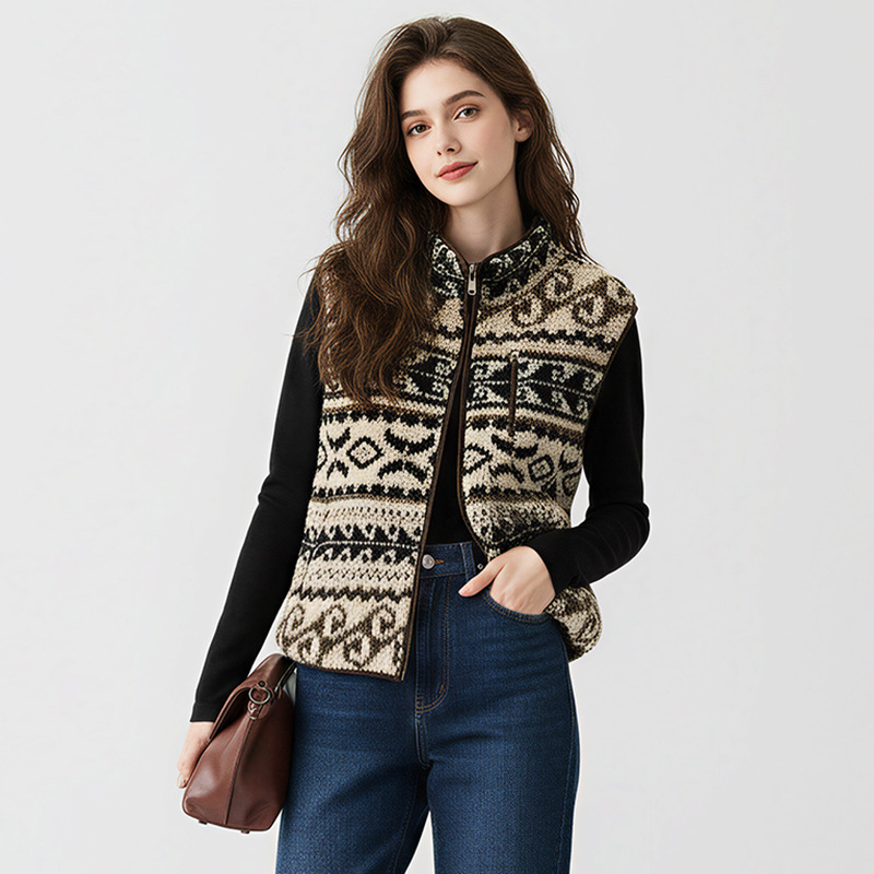 Vesta fără mâneci pentru femei, Jacquard Fair Isle, guler înalt, poliester, casual, Iarna 2025