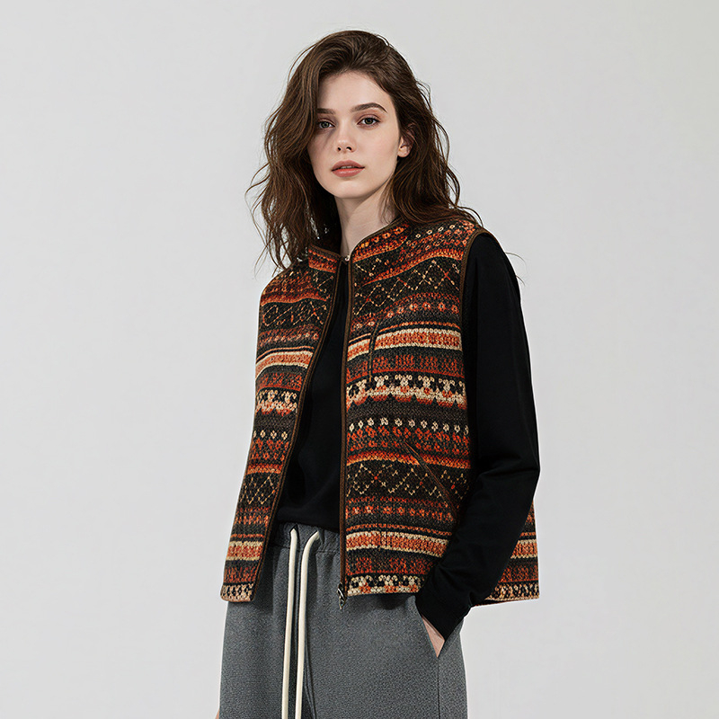Vesta fără mâneci pentru femei, Jacquard Fair Isle, guler înalt, poliester, casual, Iarna 2025