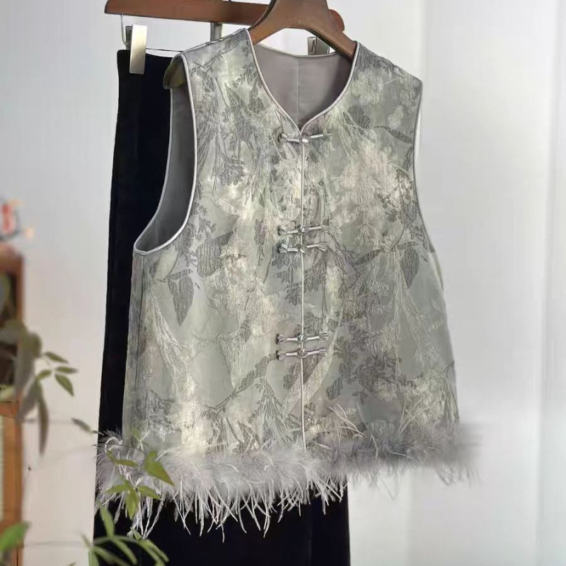 Vuneni bez rukava u kineskom stilu s V-izrezom, jednim gumbom, kašmir tkanina, vuneno punilo, jacquard patchwork