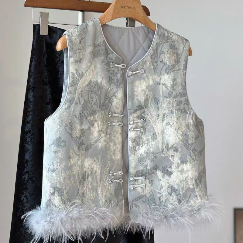 Vuneni bez rukava u kineskom stilu s V-izrezom, jednim gumbom, kašmir tkanina, vuneno punilo, jacquard patchwork