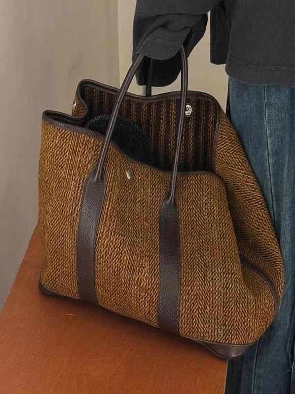 Ženska vintage tkana Tote torba – ulični stil, pamuk i lan; horizontalni kvadratni oblik; magnetsko zatvaranje; unutarnji džepovi za telefon i dokumente