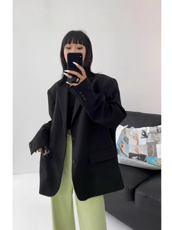 Ženski ležerni sako srednje duljine, poliester, jednostruko kopčanje, japansko-korejski casual stil