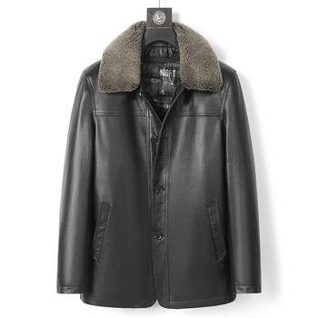 Muška jakna od prave teleće kože s odvojivom unutarnjom podstavom od perja i ovratnikom od jagnjeće kože, srednja duljina, zatvarač