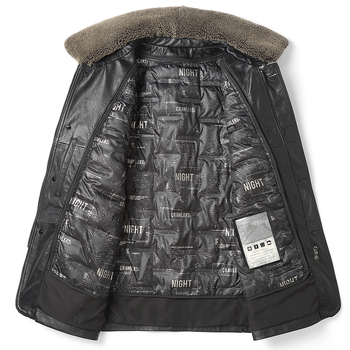 Muška jakna od prave teleće kože s odvojivom unutarnjom podstavom od perja i ovratnikom od jagnjeće kože, srednja duljina, zatvarač