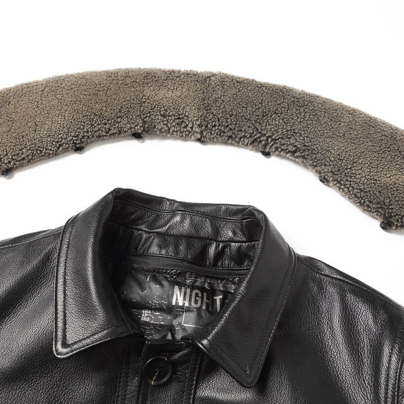 Muška jakna od prave teleće kože s odvojivom unutarnjom podstavom od perja i ovratnikom od jagnjeće kože, srednja duljina, zatvarač