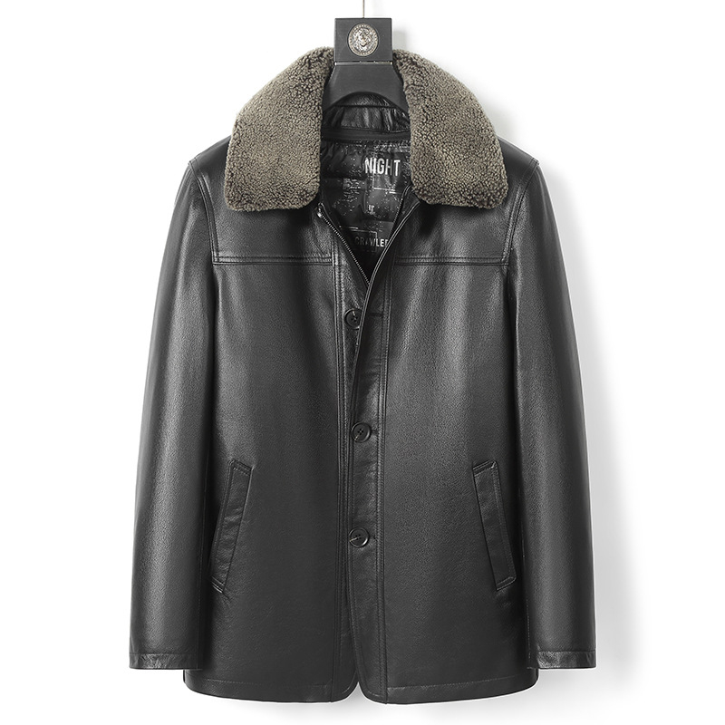 Muška jakna od prave teleće kože s odvojivom unutarnjom podstavom od perja i ovratnikom od jagnjeće kože, srednja duljina, zatvarač