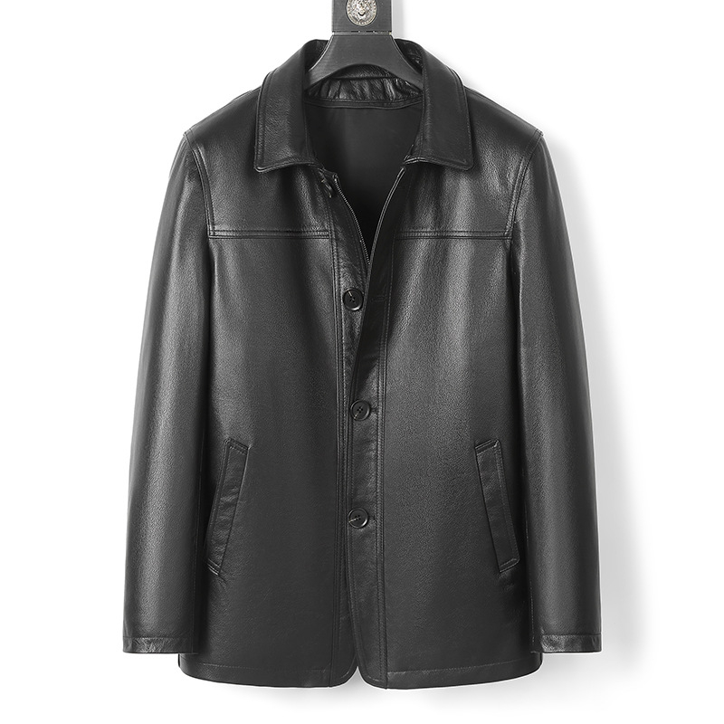 Muška jakna od prave teleće kože s odvojivom unutarnjom podstavom od perja i ovratnikom od jagnjeće kože, srednja duljina, zatvarač