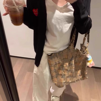 Platnena tote torba s kariranim uzorkom, velik kapacitet, kružnog oblika, unutarnji džep sa zipom, dvostruke naramenice