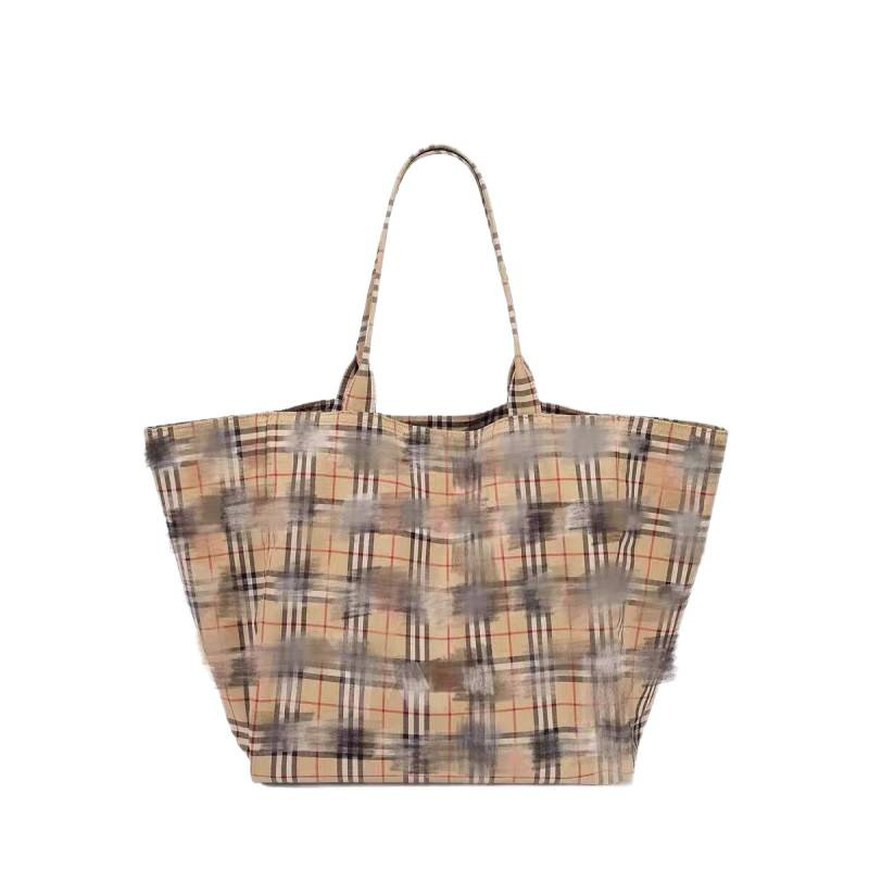 Platnena tote torba s kariranim uzorkom, velik kapacitet, kružnog oblika, unutarnji džep sa zipom, dvostruke naramenice