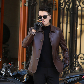 Muška kožna jakna od kozje kože s reverom, jednobojno zatvaranje, svakodnevni poslovni stil, podstava od poliestera