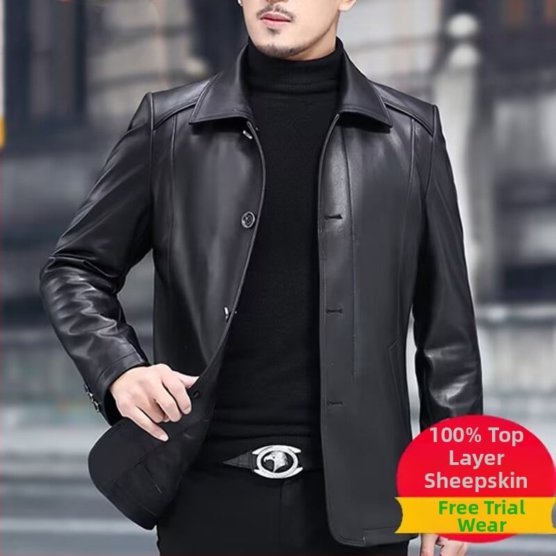 Muška kožna jakna od kozje kože s reverom, jednobojno zatvaranje, svakodnevni poslovni stil, podstava od poliestera