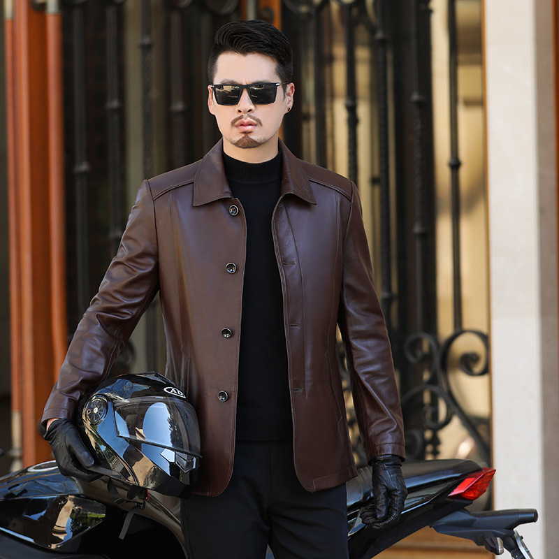Muška kožna jakna od kozje kože s reverom, jednobojno zatvaranje, svakodnevni poslovni stil, podstava od poliestera