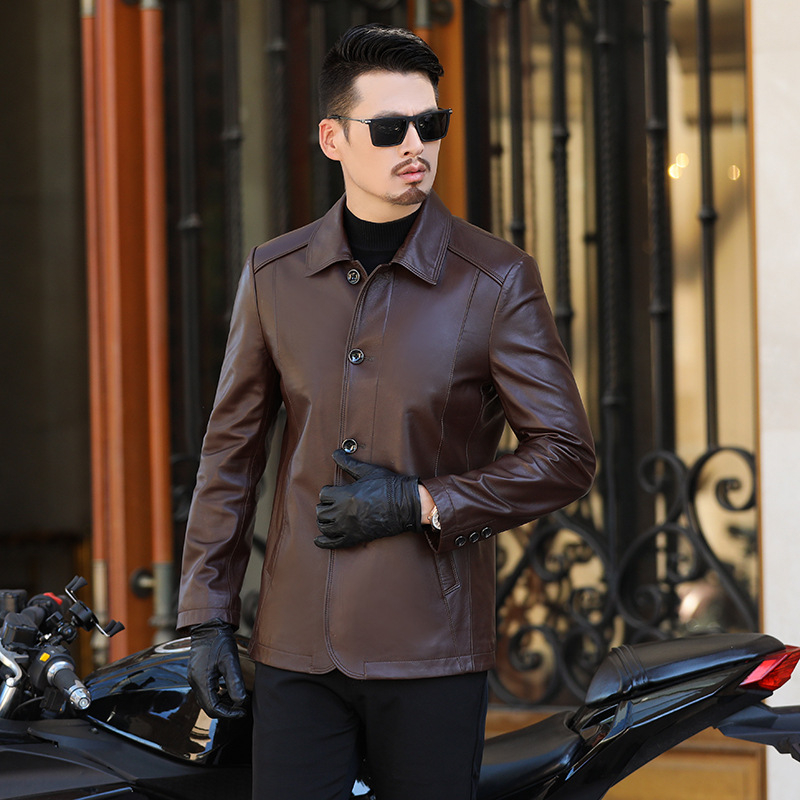 Muška kožna jakna od kozje kože s reverom, jednobojno zatvaranje, svakodnevni poslovni stil, podstava od poliestera