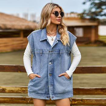 Ženski denim vest s džepovima, ovratnik tipa lapel, prednje kopčanje na jedno dugme, ležernog kroja
