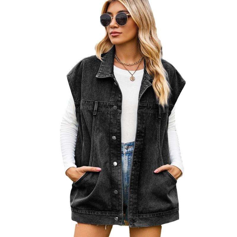 Ženski denim vest s džepovima, ovratnik tipa lapel, prednje kopčanje na jedno dugme, ležernog kroja