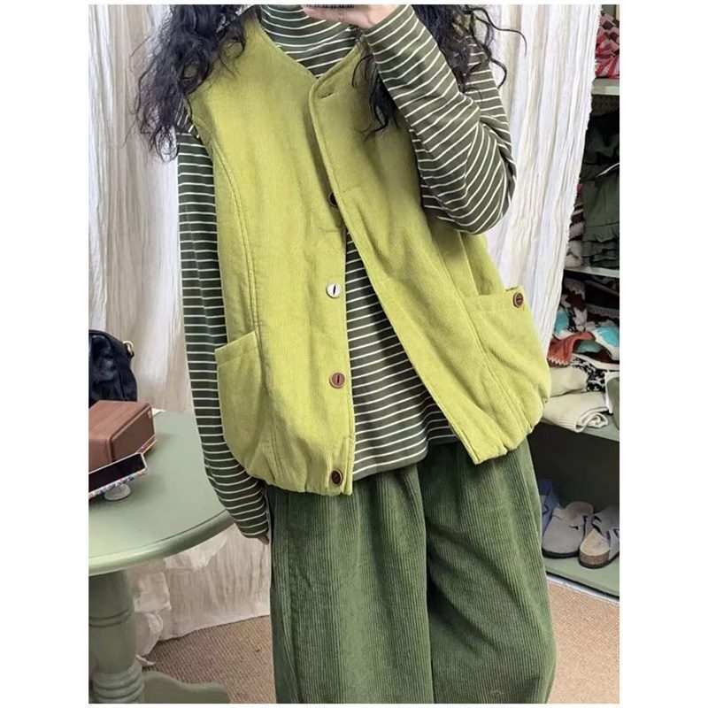 Corduroy fleece vest dvodijelni set za žene, jesen-zima, japanski retro stil, udoban kroj, polo ovratnik