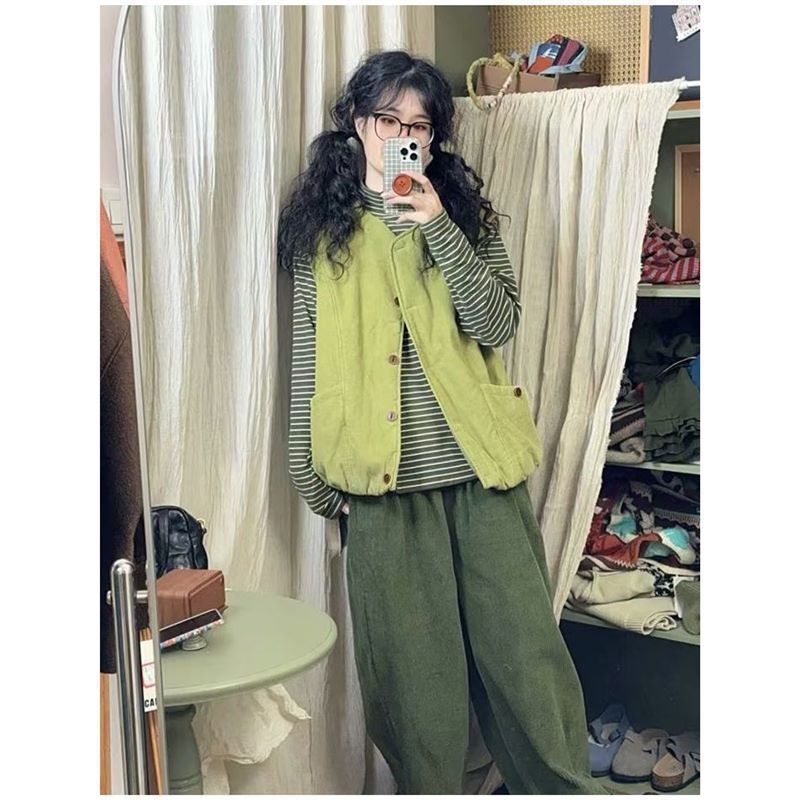 Corduroy fleece vest dvodijelni set za žene, jesen-zima, japanski retro stil, udoban kroj, polo ovratnik