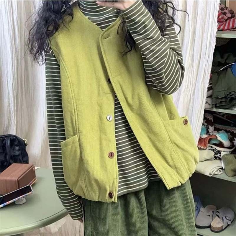 Corduroy fleece vest dvodijelni set za žene, jesen-zima, japanski retro stil, udoban kroj, polo ovratnik