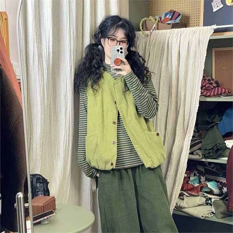 Corduroy fleece vest dvodijelni set za žene, jesen-zima, japanski retro stil, udoban kroj, polo ovratnik