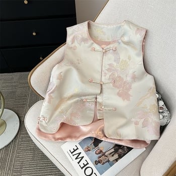 Ženski gornji dio u novom kineskom stilu s polo ovratnikom, regularnog kroja, bez rukava, ljetna vanjska vest s poliesterom >=95%, drugi materijal 30-50%, bez prednjeg zatvarača