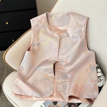Ženski gornji dio u novom kineskom stilu s polo ovratnikom, regularnog kroja, bez rukava, ljetna vanjska vest s poliesterom >=95%, drugi materijal 30-50%, bez prednjeg zatvarača