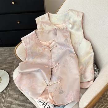 Ženski gornji dio u novom kineskom stilu s polo ovratnikom, regularnog kroja, bez rukava, ljetna vanjska vest s poliesterom >=95%, drugi materijal 30-50%, bez prednjeg zatvarača