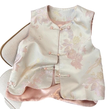 Ženski gornji dio u novom kineskom stilu s polo ovratnikom, regularnog kroja, bez rukava, ljetna vanjska vest s poliesterom >=95%, drugi materijal 30-50%, bez prednjeg zatvarača