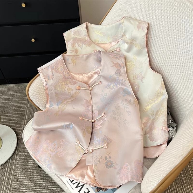 Ženski gornji dio u novom kineskom stilu s polo ovratnikom, regularnog kroja, bez rukava, ljetna vanjska vest s poliesterom >=95%, drugi materijal 30-50%, bez prednjeg zatvarača