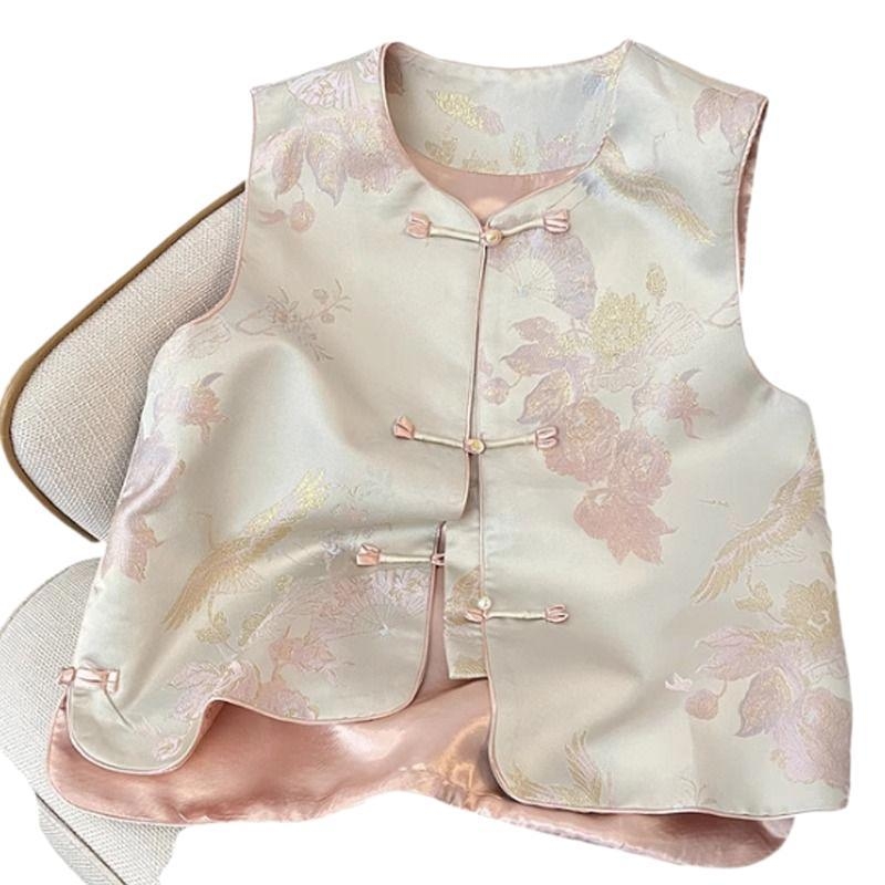 Ženski gornji dio u novom kineskom stilu s polo ovratnikom, regularnog kroja, bez rukava, ljetna vanjska vest s poliesterom >=95%, drugi materijal 30-50%, bez prednjeg zatvarača