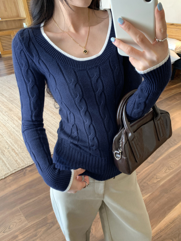 Ženski slim-fit pulover s V-neck, twist pletena, viskoza-poliester smjesa, elegantan uredski stil