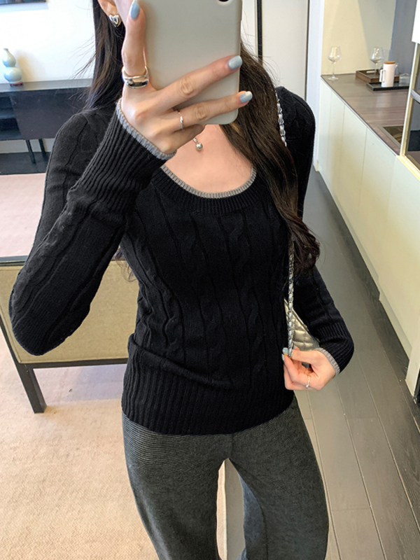Ženski slim-fit pulover s V-neck, twist pletena, viskoza-poliester smjesa, elegantan uredski stil