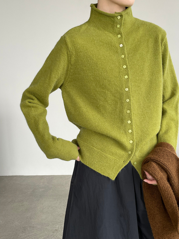 Zhiqingxi ženski cardigan od vunenog smjesu – polu-visoki ovratnik, kvadratni gumbi, srednja duljina, minimalistički japansko-korejski stil