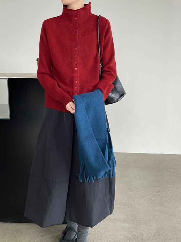 Zhiqingxi ženski cardigan od vunenog smjesu – polu-visoki ovratnik, kvadratni gumbi, srednja duljina, minimalistički japansko-korejski stil