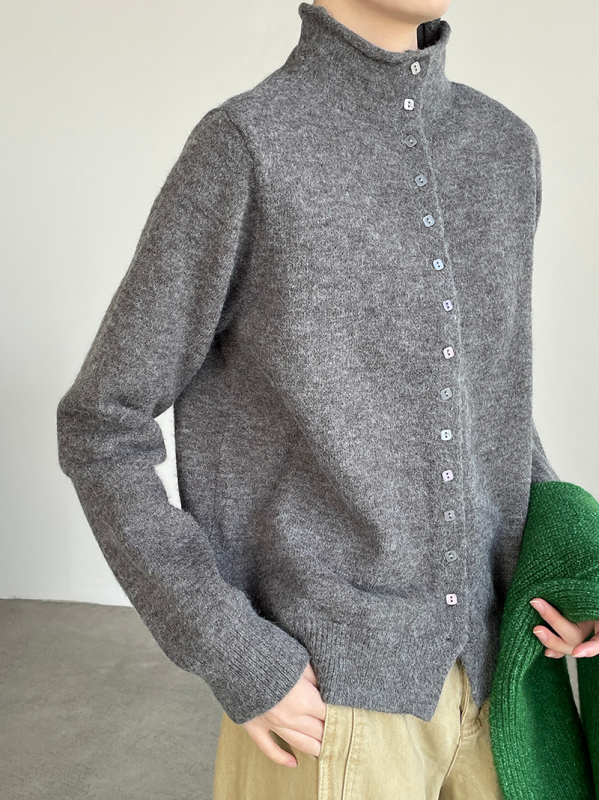 Zhiqingxi ženski cardigan od vunenog smjesu – polu-visoki ovratnik, kvadratni gumbi, srednja duljina, minimalistički japansko-korejski stil